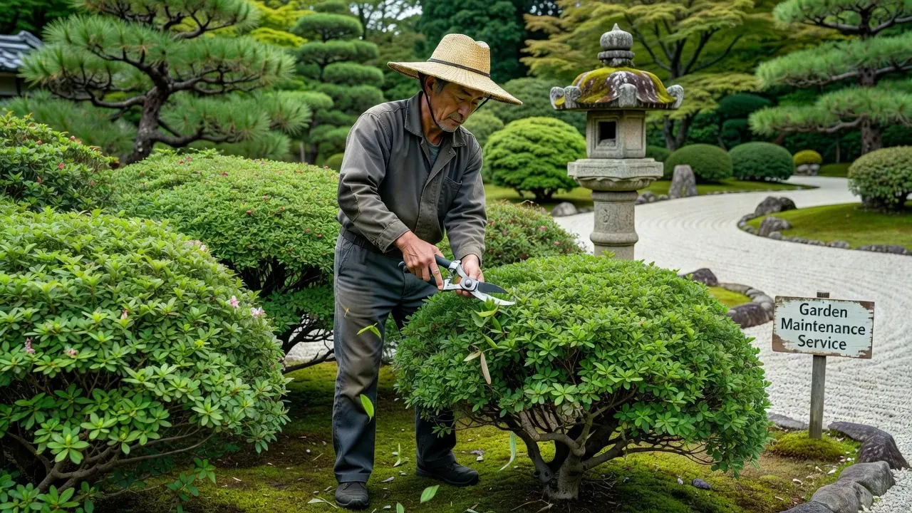ツツジの刈り込みによる庭木管理