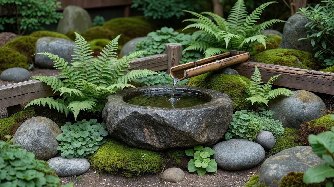 石を使った水の景観を取り入れた庭