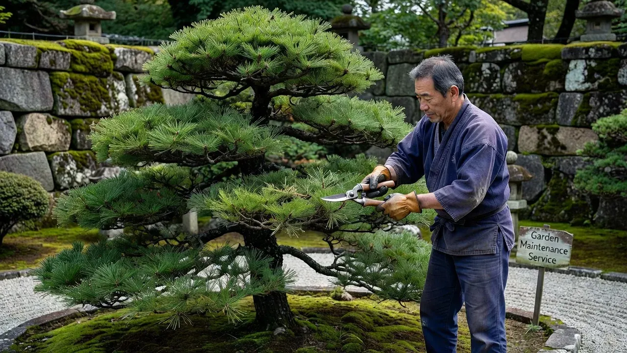 松の木を剪定するスタッフ
